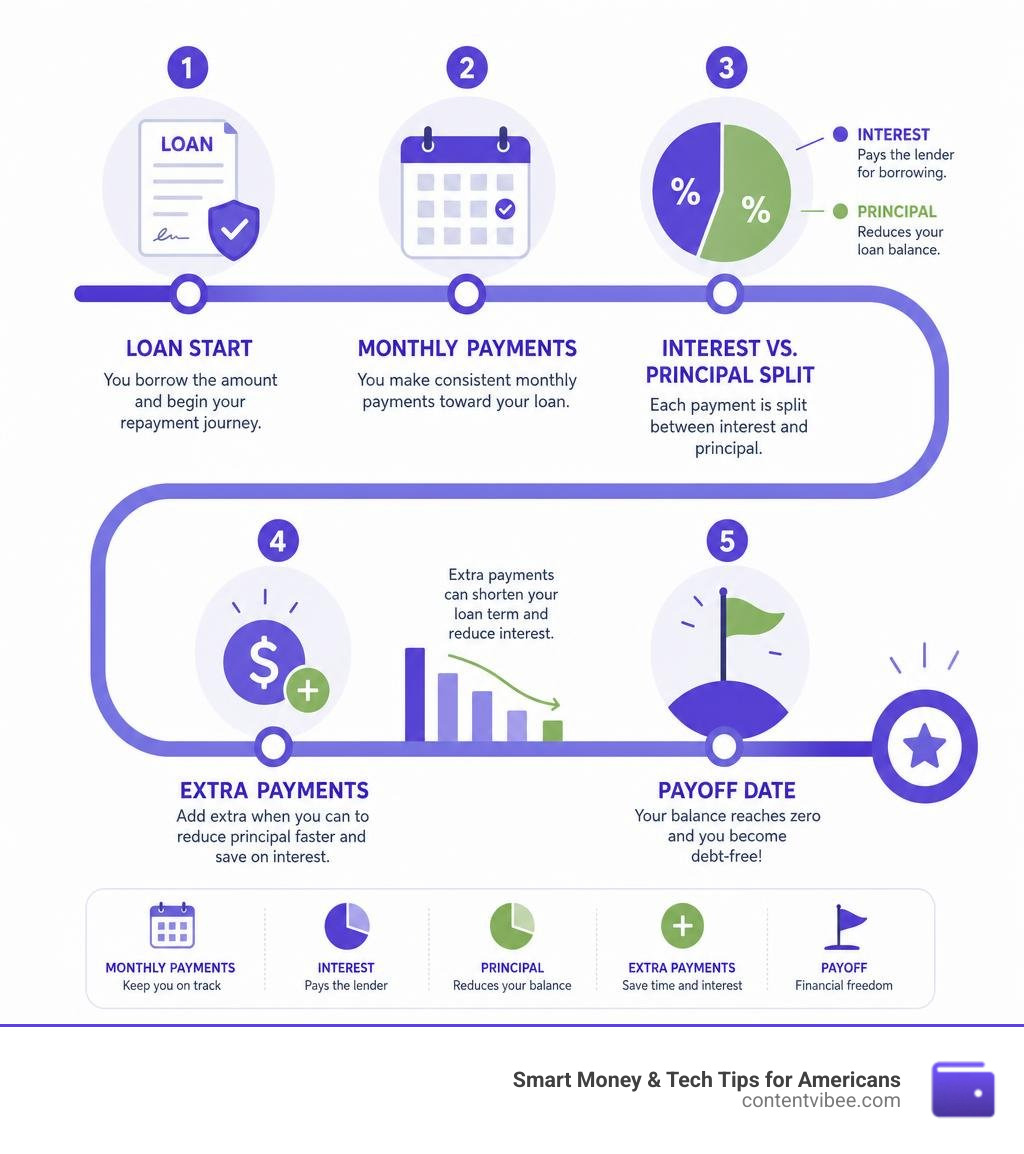 Infographic showing loan payoff schedule path: loan start, monthly payments, interest vs. principal split, extra payments
