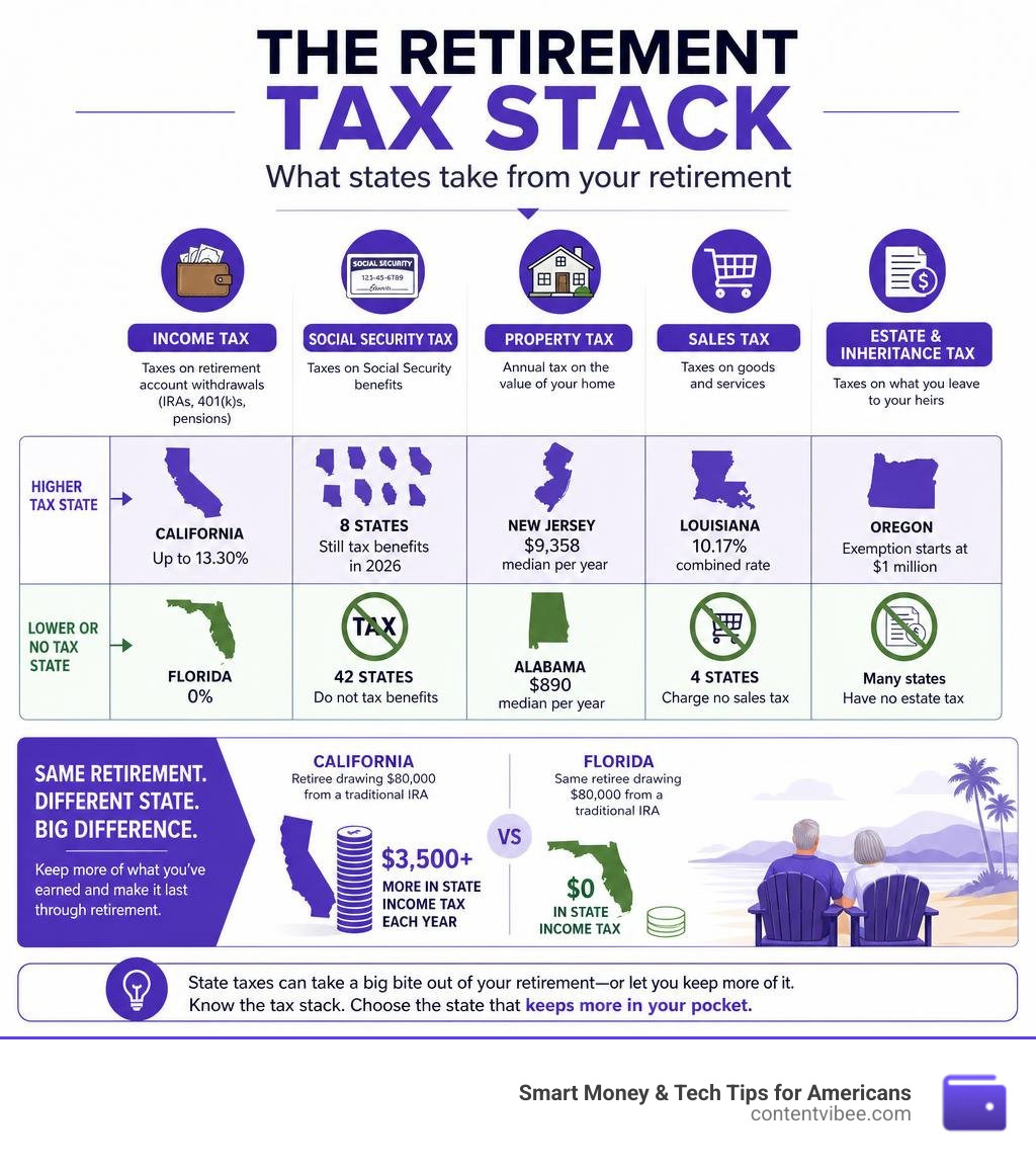 Infographic: The retirement tax stack showing income, Social Security, property, sales, and estate taxes by state infographic