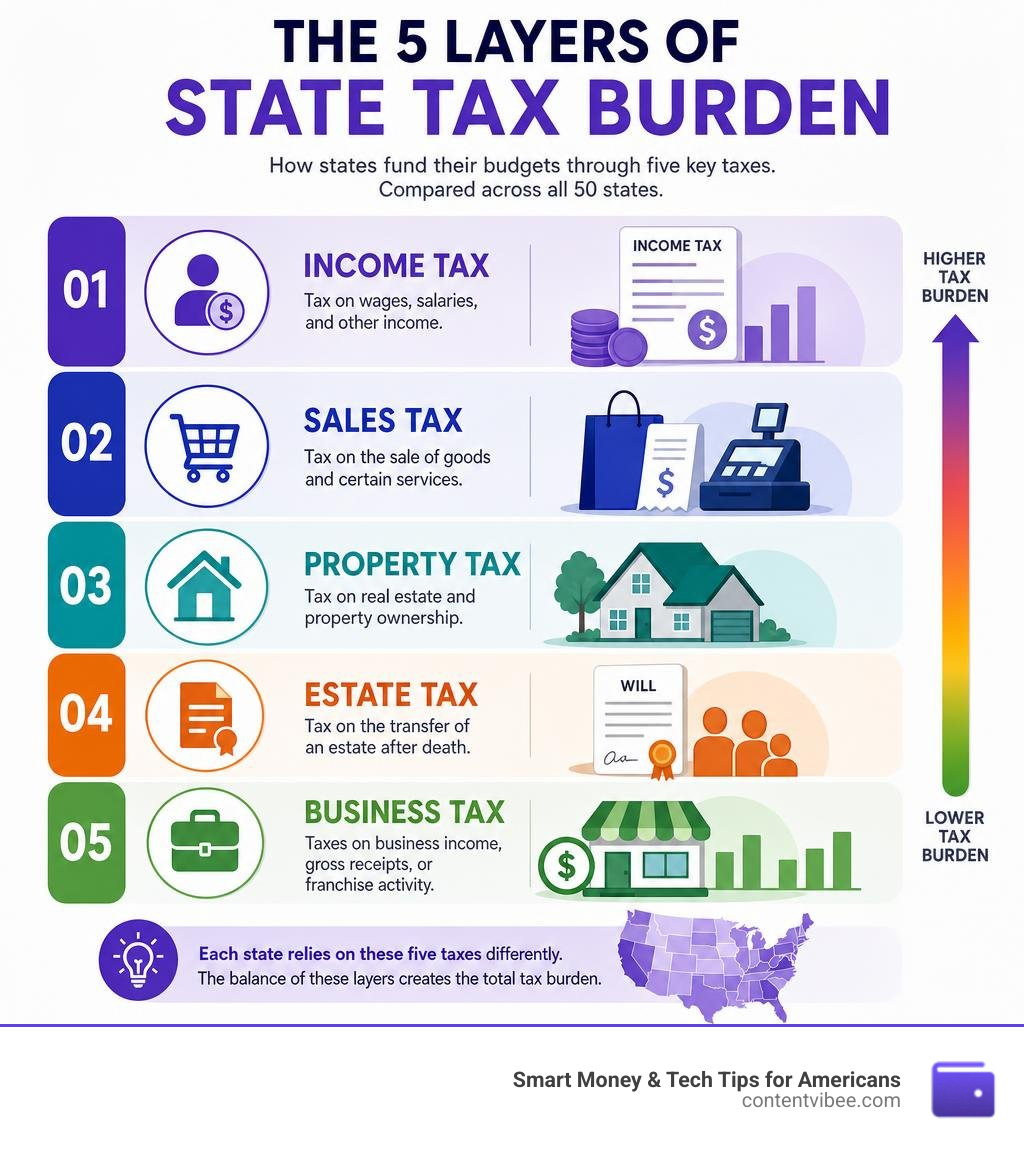 Five layers of state tax burden: income, sales, property, estate, and business taxes compared by state infographic