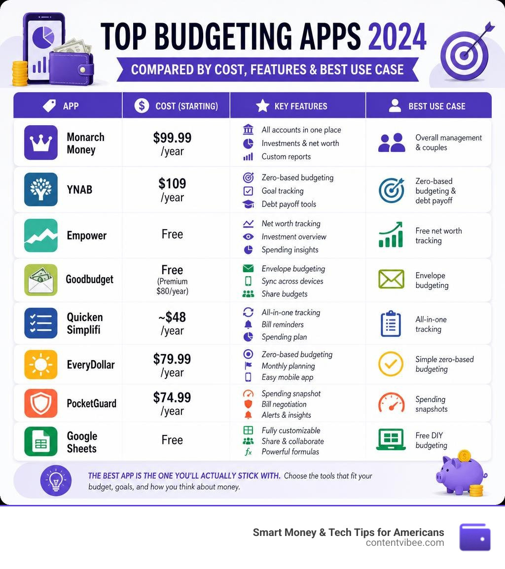 Top budgeting apps 2024 compared by cost, features, and best use case infographic