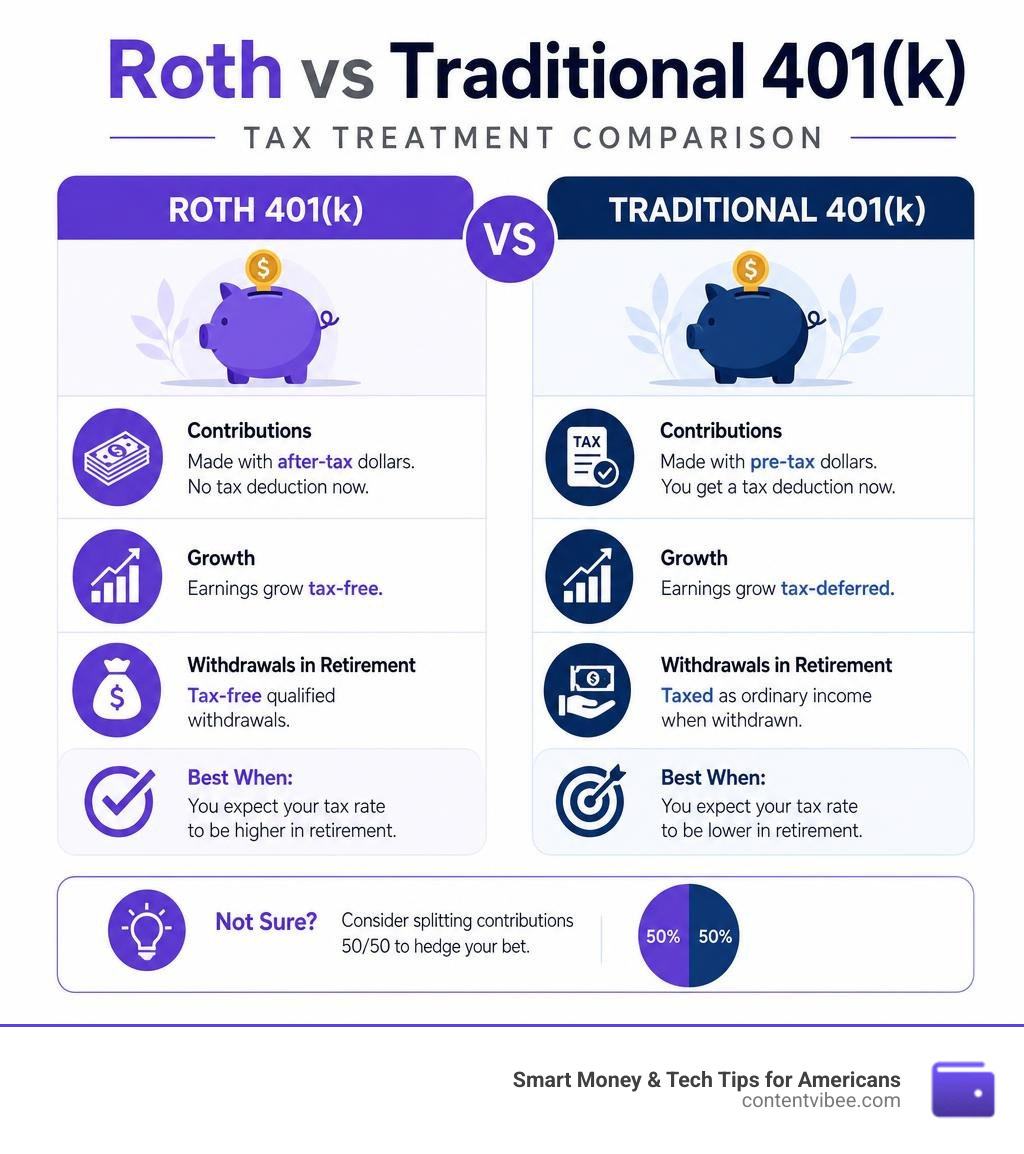 Roth vs Traditional 401k tax treatment comparison infographic infographic