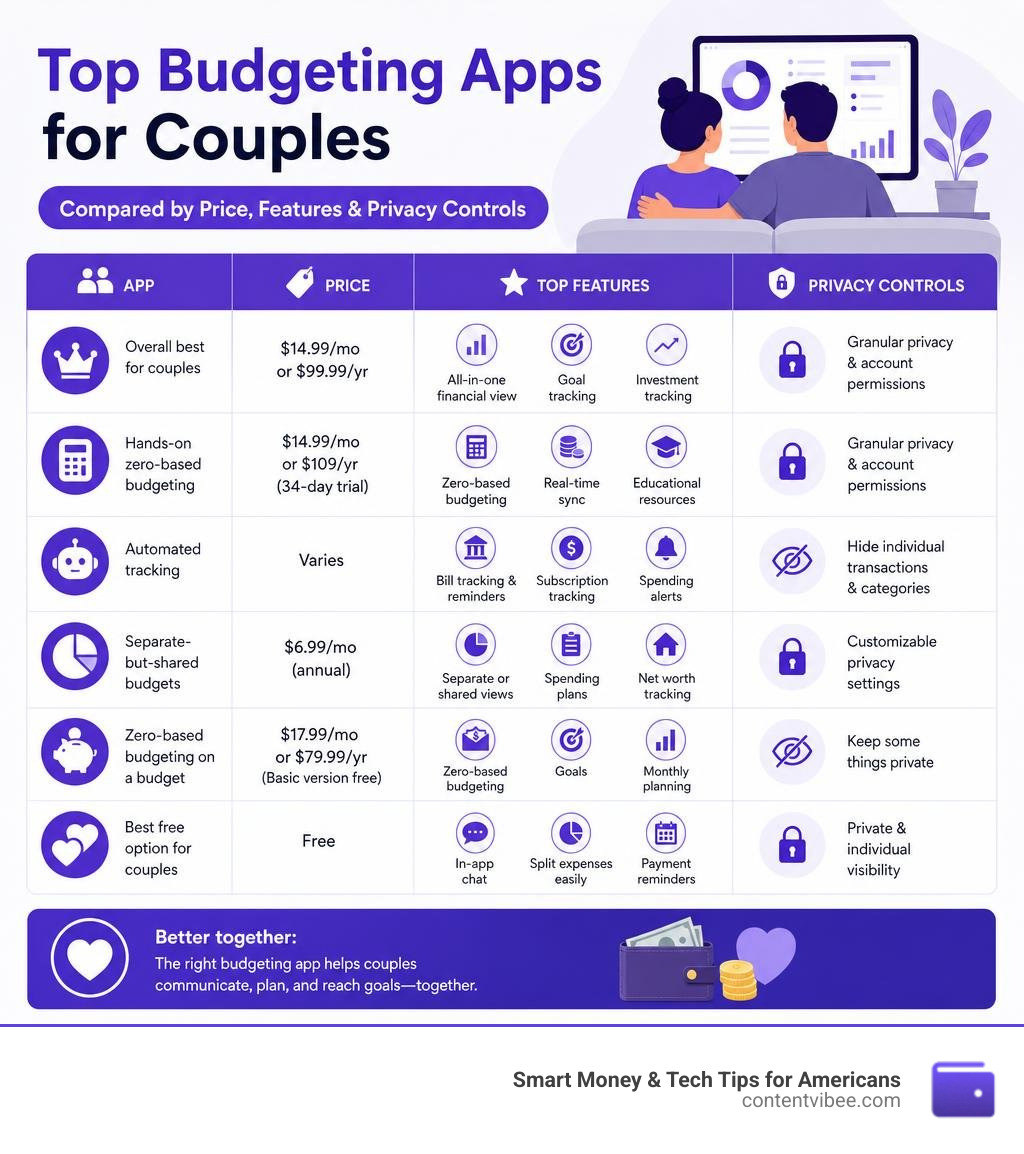 Top budgeting apps for couples compared by price, features, and privacy controls infographic