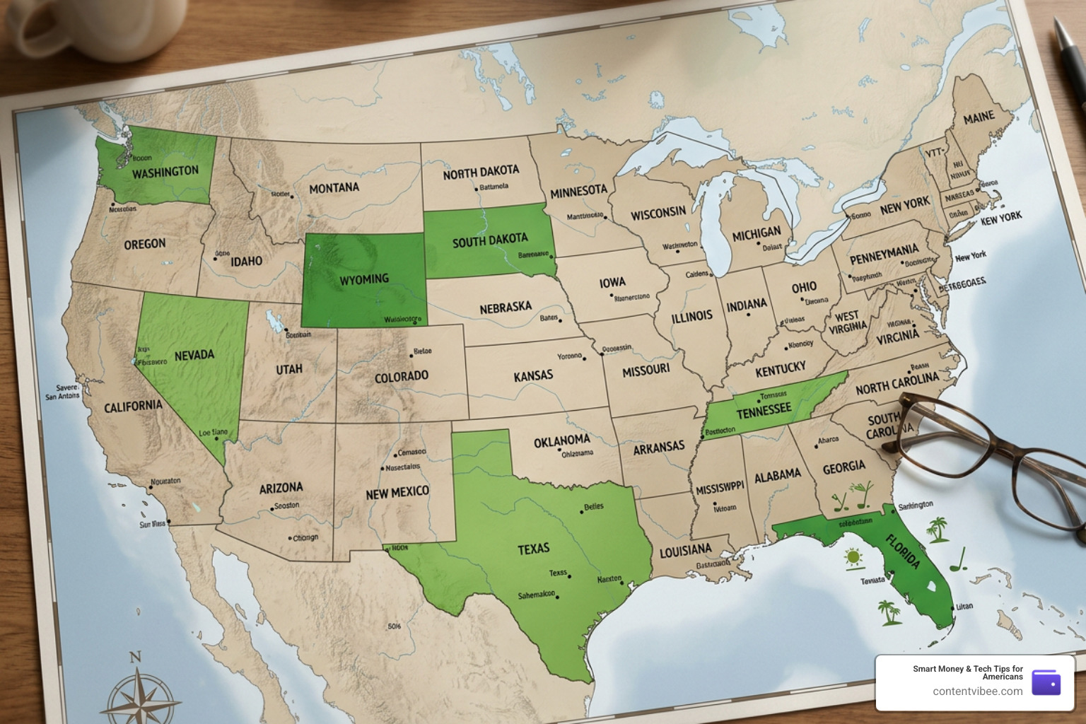 US map highlighting tax-friendly states for retirees