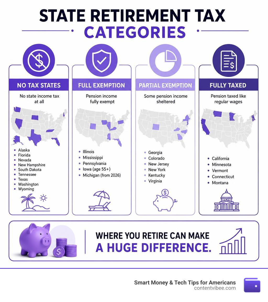 State retirement tax categories infographic: no-tax states, full exemptions, partial exemptions, fully taxed infographic