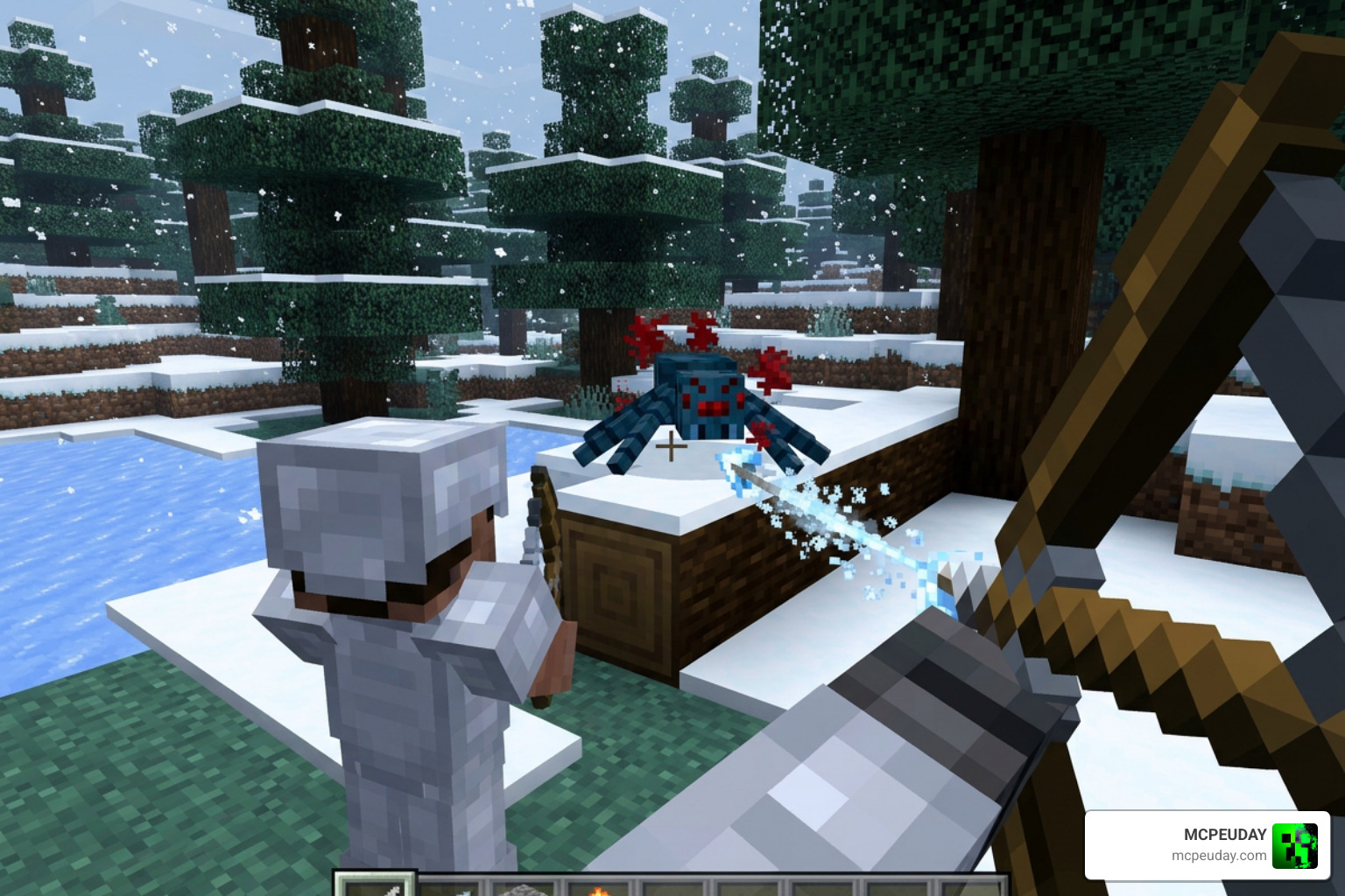 Elemental bows and specialized arrows in action during Bedrock Edition survival combat
