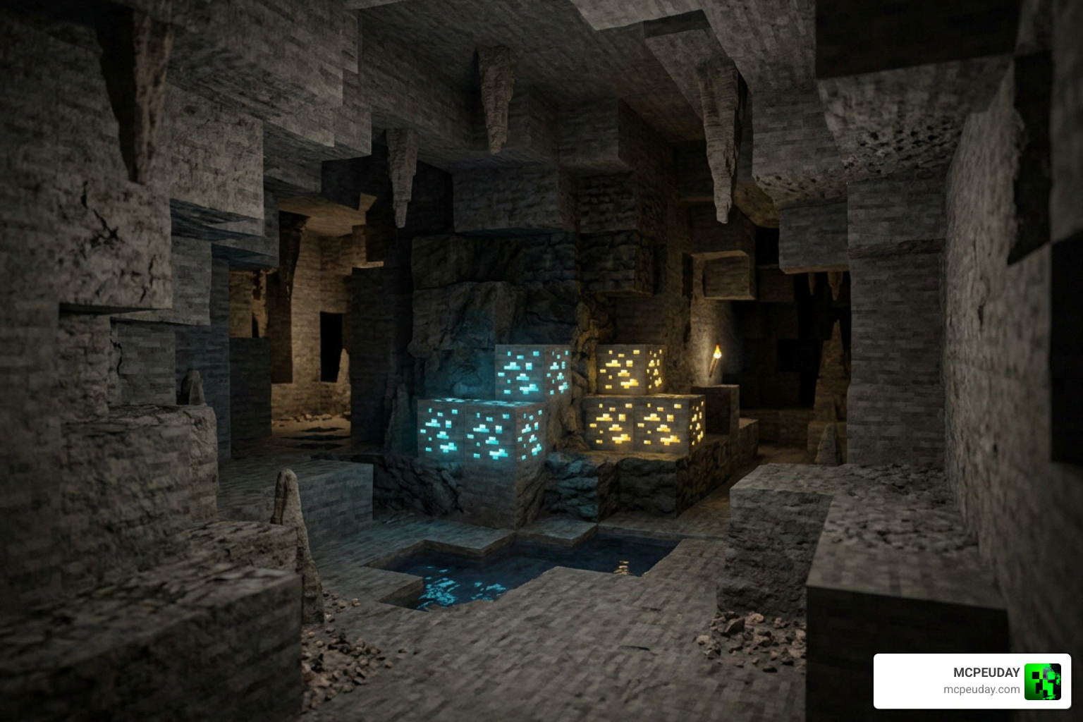 Glowing diamond and gold ores underground using Newb Glow Legacy Shader