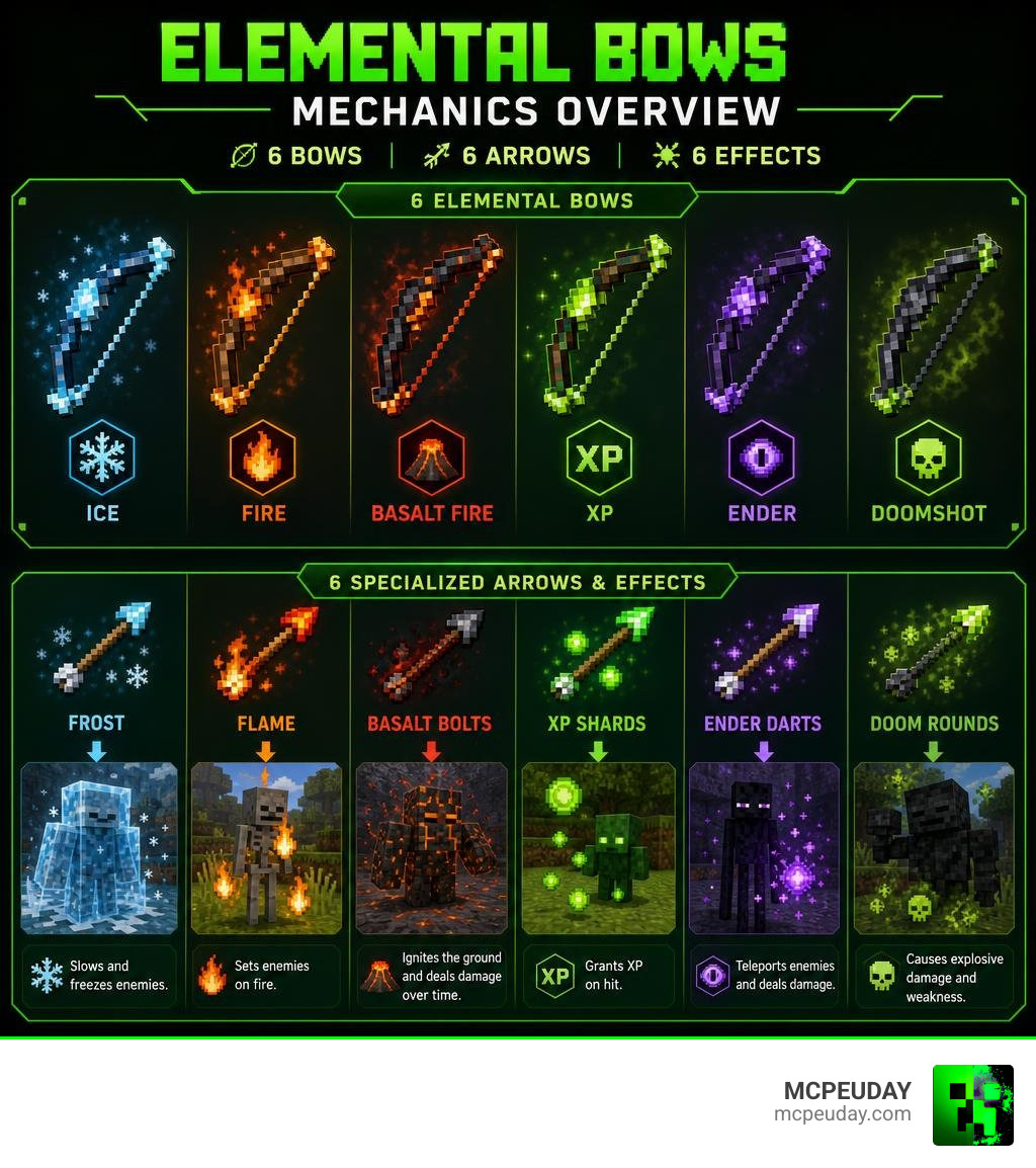 Elemental bow mechanics infographic showing six bows, arrow types, and effects infographic