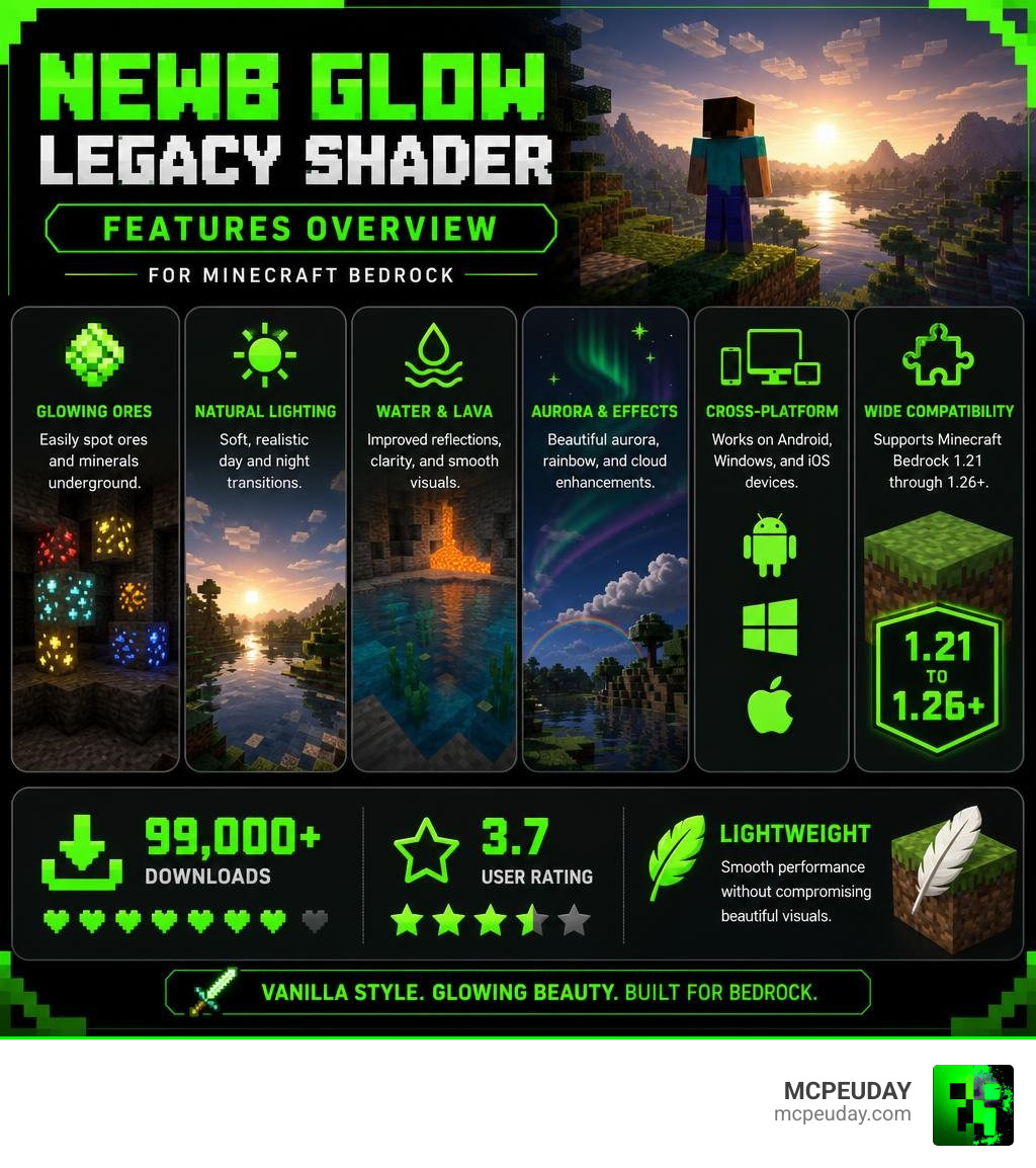Newb Glow Legacy Shader features overview infographic for Minecraft Bedrock infographic