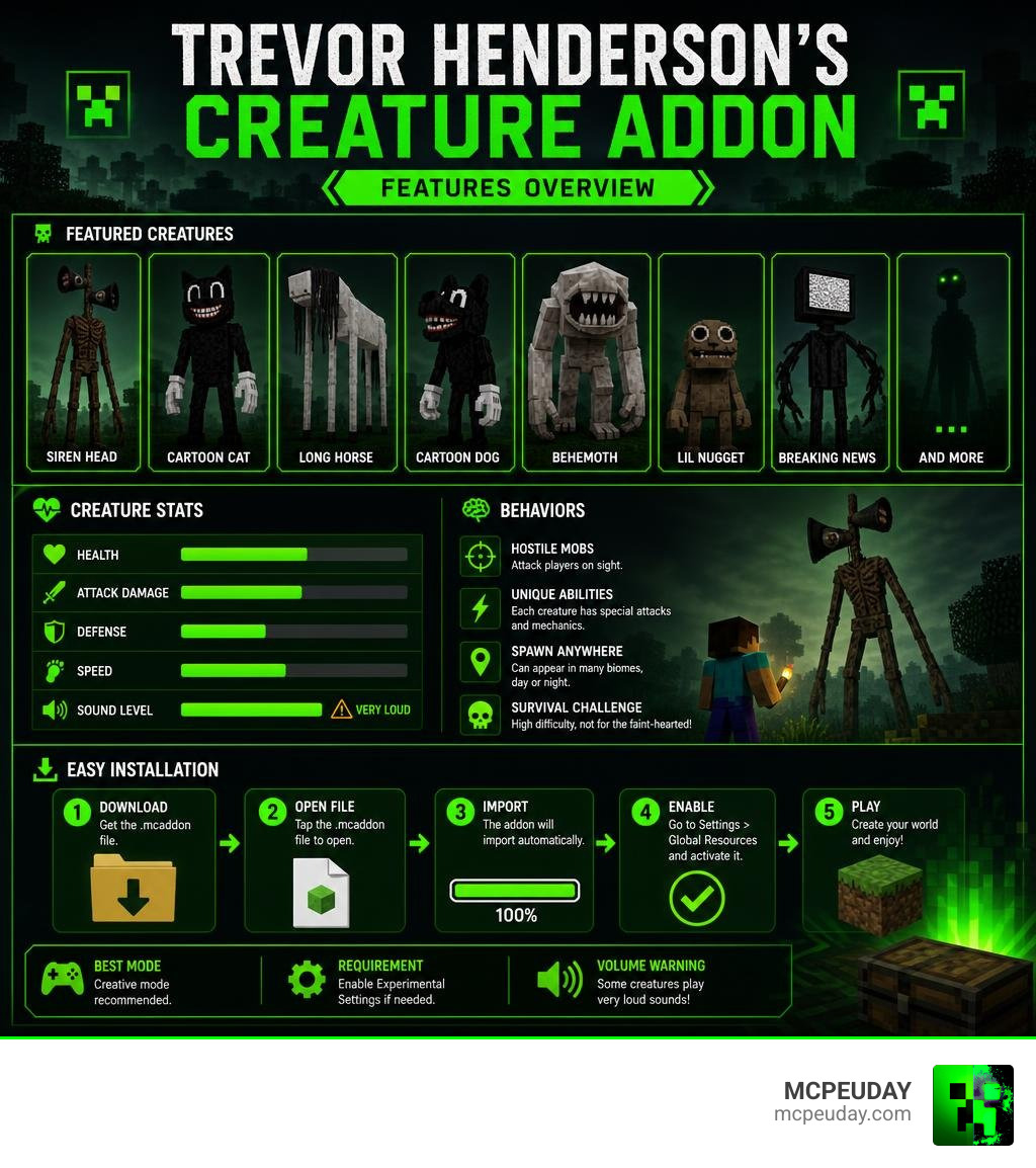 Trevor Henderson's Creature Addon features overview infographic with creatures, stats, and install steps infographic Trevor Henderson's Creature Addon features overview infographic with creatures, stats, and install steps infographic