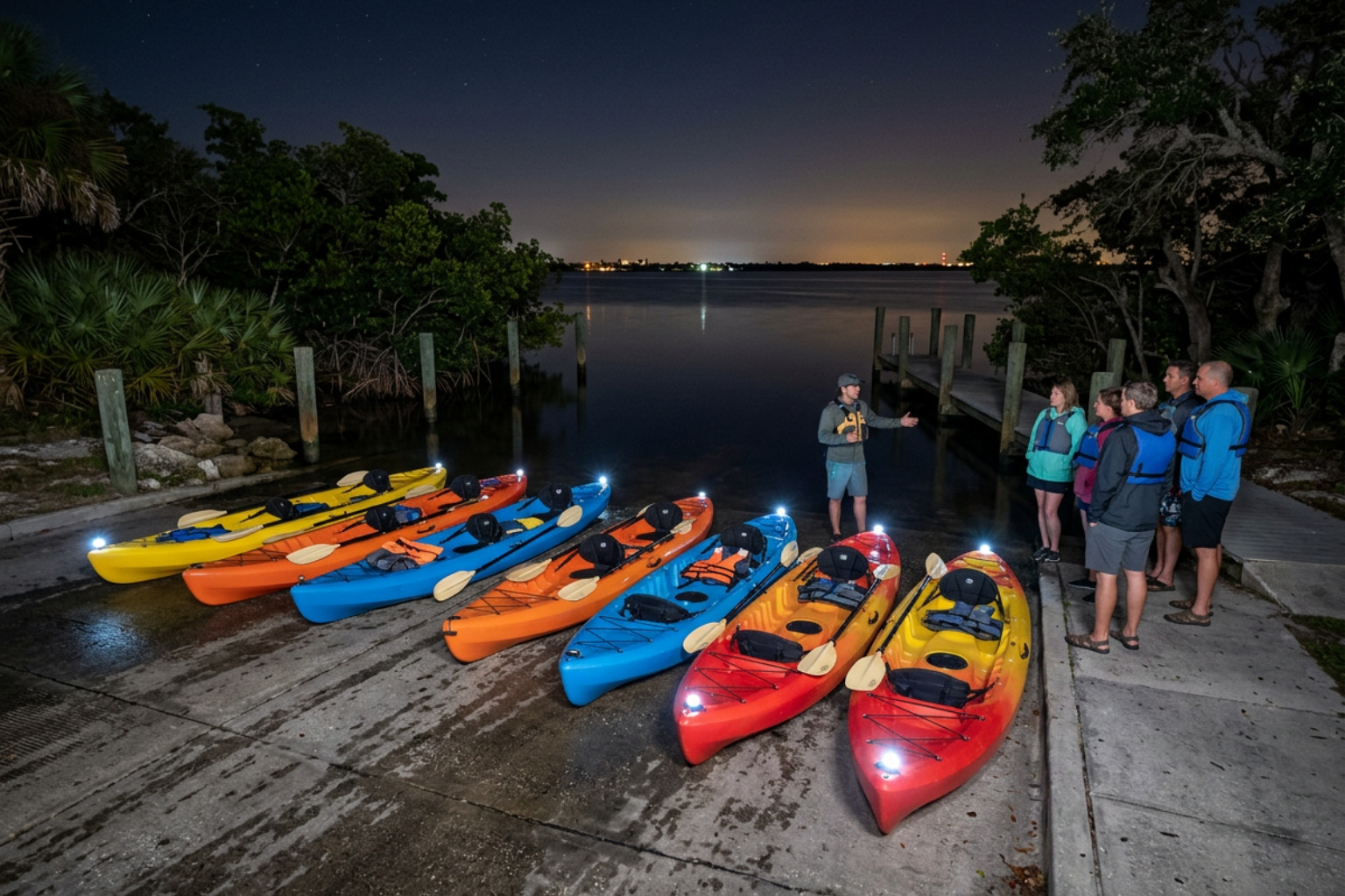 kayaks staged at a Cocoa Beach area launch for a guided bioluminescence tour kayaks staged at a Cocoa Beach area launch for a guided bioluminescence tour