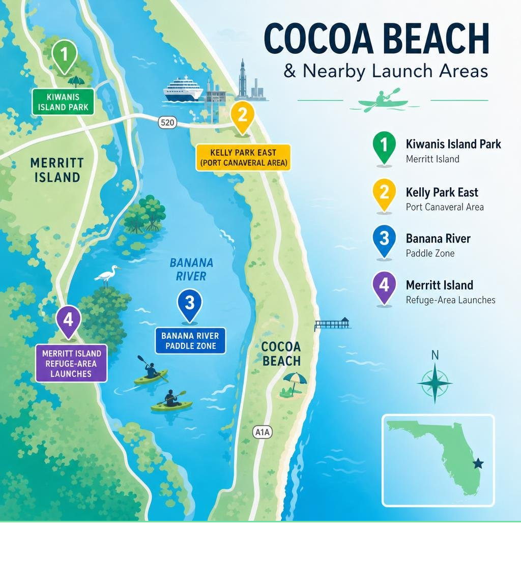 map showing Cocoa Beach relative to Kiwanis Island Park Kelly Park East Banana River and Merritt Island launch areas map showing Cocoa Beach relative to Kiwanis Island Park Kelly Park East Banana River and Merritt Island launch areas