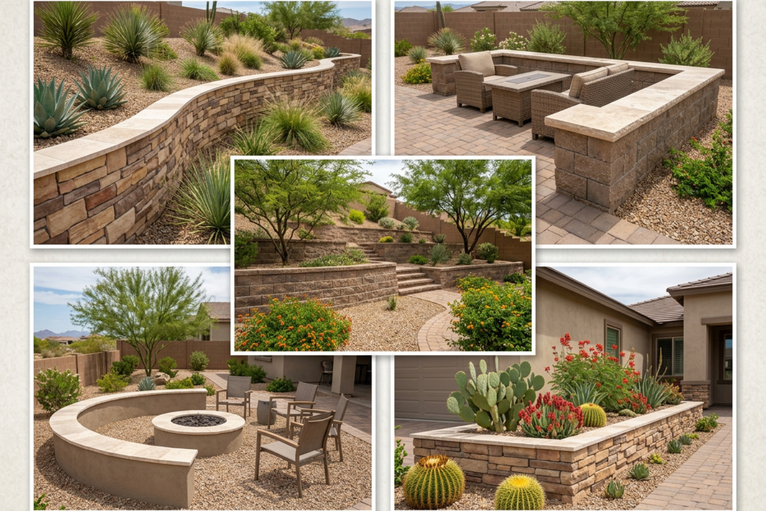 Inspiration collage showing curved retaining walls, seat walls, tiered retaining walls, fire pit walls, and raised planter