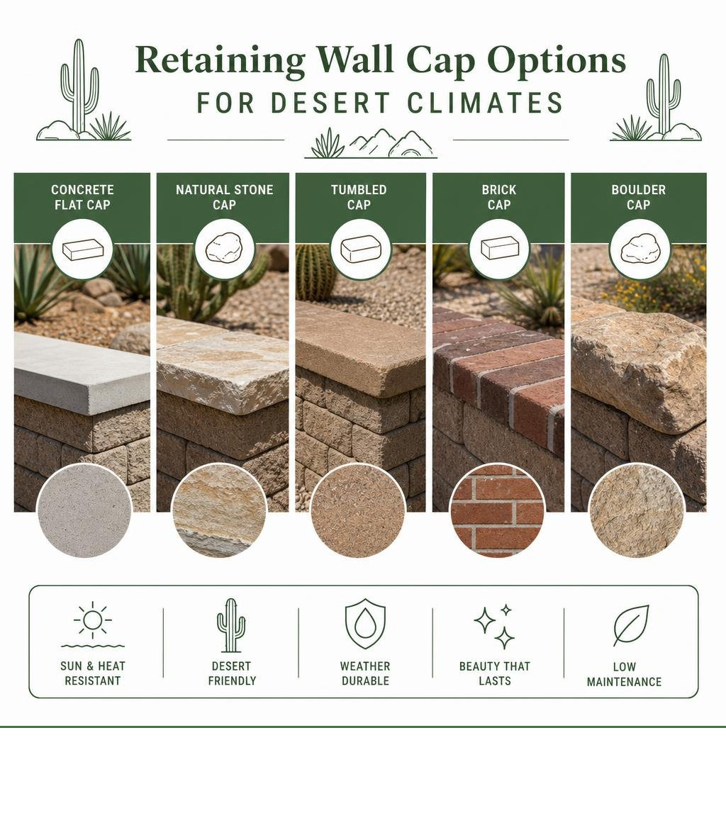 Infographic showing retaining wall cap options for desert climates, including concrete, natural stone, tumbled, brick, and boulder caps
