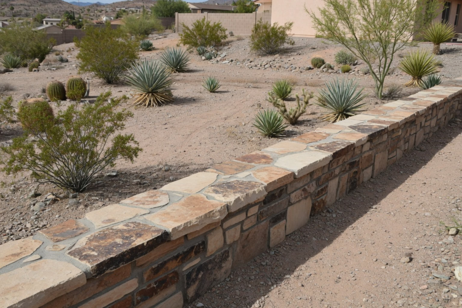 natural stone coping on a low-profile retaining wall