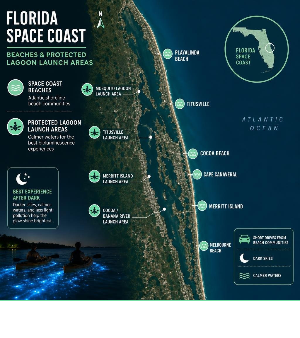 aerial map showing Florida Space Coast beaches compared with protected bioluminescent lagoon launch areas infographic aerial map showing Florida Space Coast beaches compared with protected bioluminescent lagoon launch areas infographic