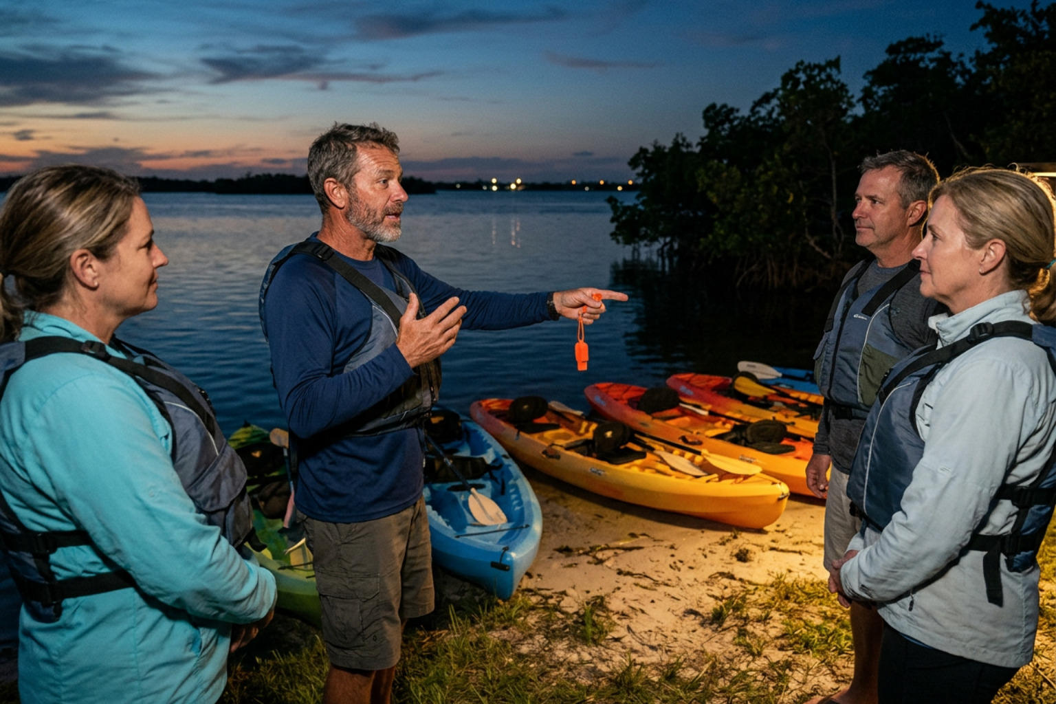 Florida Adventurer guide giving guests a pre-launch briefing before a bioluminescence kayak tour Florida Adventurer guide giving guests a pre-launch briefing before a bioluminescence kayak tour