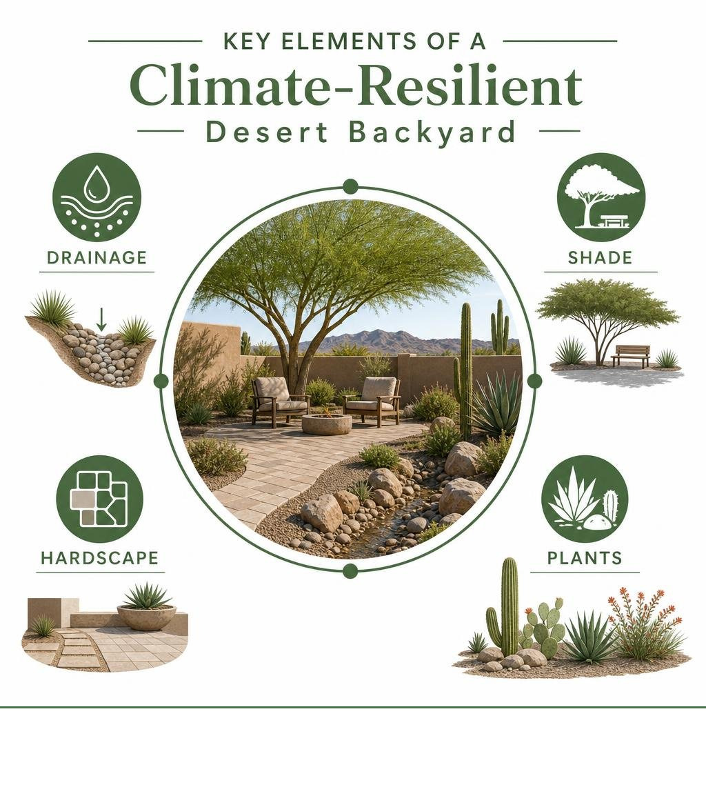Key elements of a climate-resilient desert backyard infographic: drainage, shade, hardscape, plants infographic