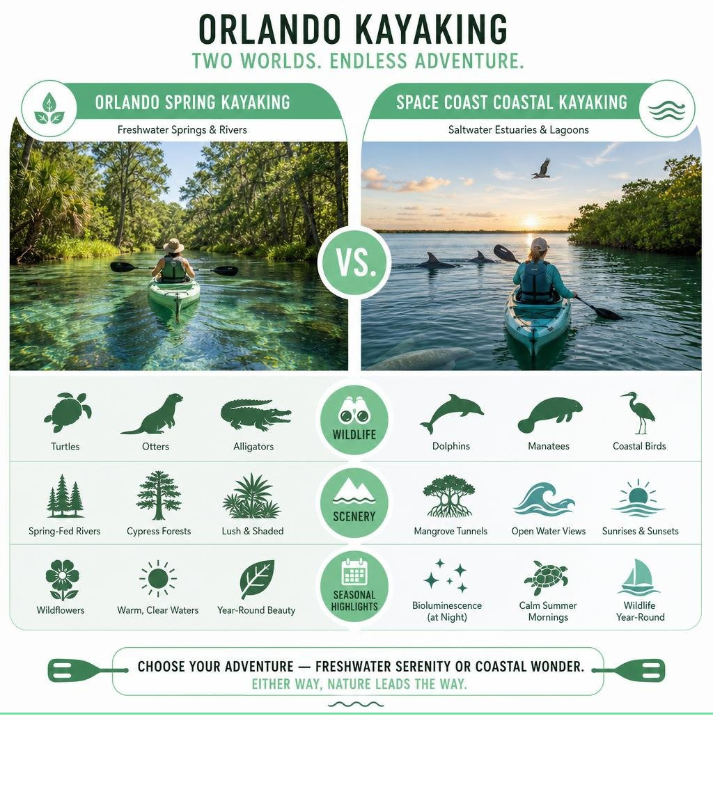 Comparison infographic: Orlando spring kayaking vs. Space Coast coastal kayaking — wildlife, scenery, and seasonal Comparison infographic: Orlando spring kayaking vs. Space Coast coastal kayaking — wildlife, scenery, and seasonal