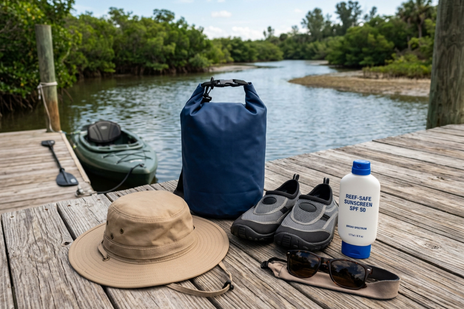 Essential kayak tour gear checklist including sunscreen, water shoes, and dry bag Essential kayak tour gear checklist including sunscreen, water shoes, and dry bag