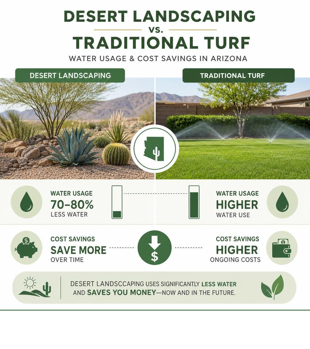 Infographic comparing water usage and cost savings of desert landscaping vs traditional turf in Arizona infographic