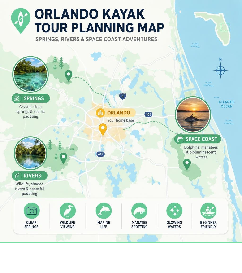 Google-style planning map showing Orlando, Springs, and Space Coast kayak tour areas infographic Google-style planning map showing Orlando, Springs, and Space Coast kayak tour areas infographic