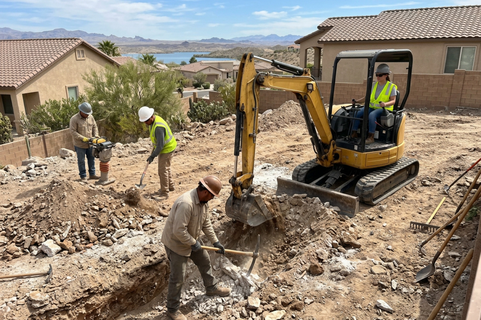 Landscape crew excavating rocky desert soil and caliche for a backyard remodel Landscape crew excavating rocky desert soil and caliche for a backyard remodel
