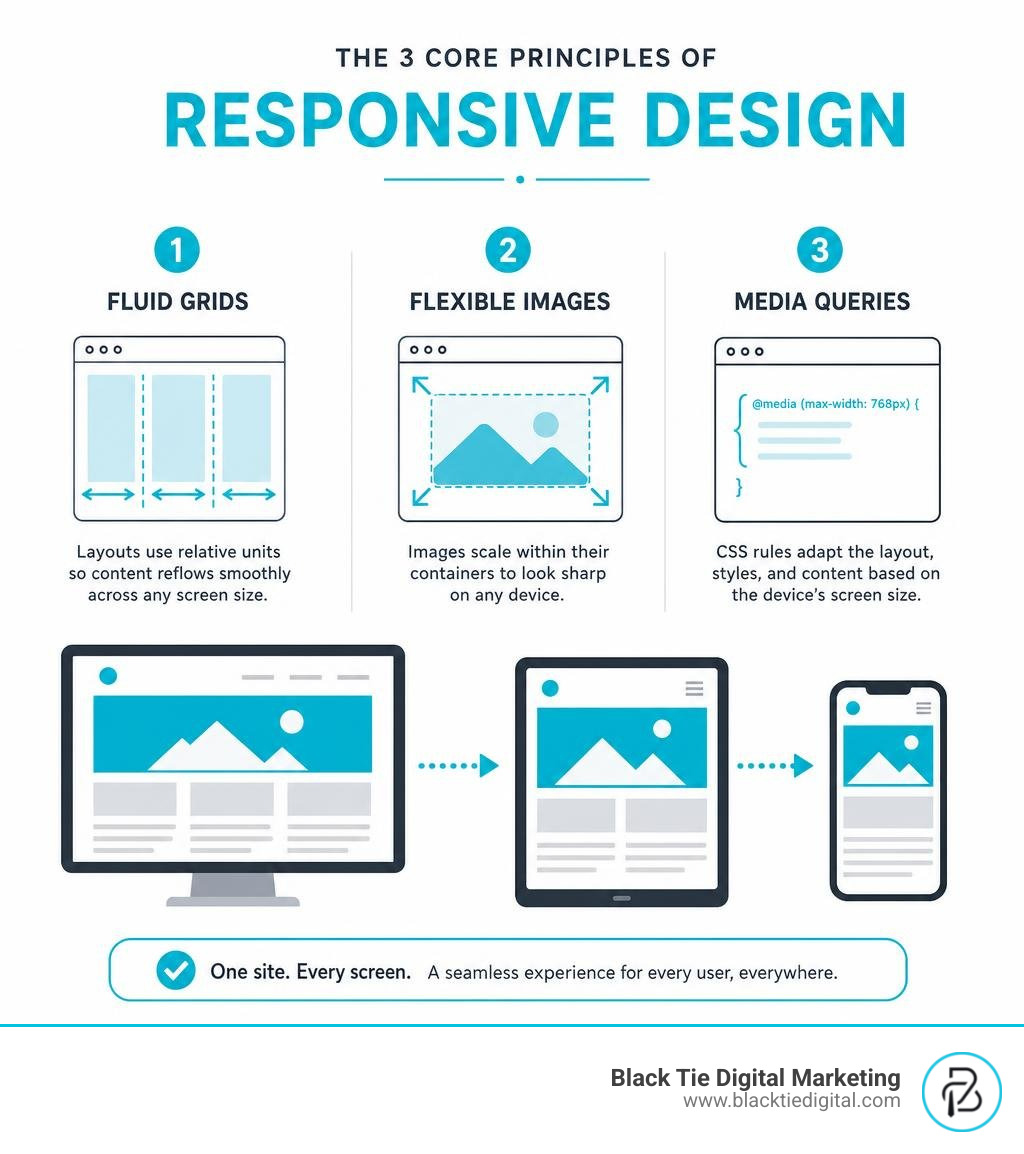 infographic showing the three core principles of responsive design including fluid grids flexible images and media queries infographic showing the three core principles of responsive design including fluid grids flexible images and media queries