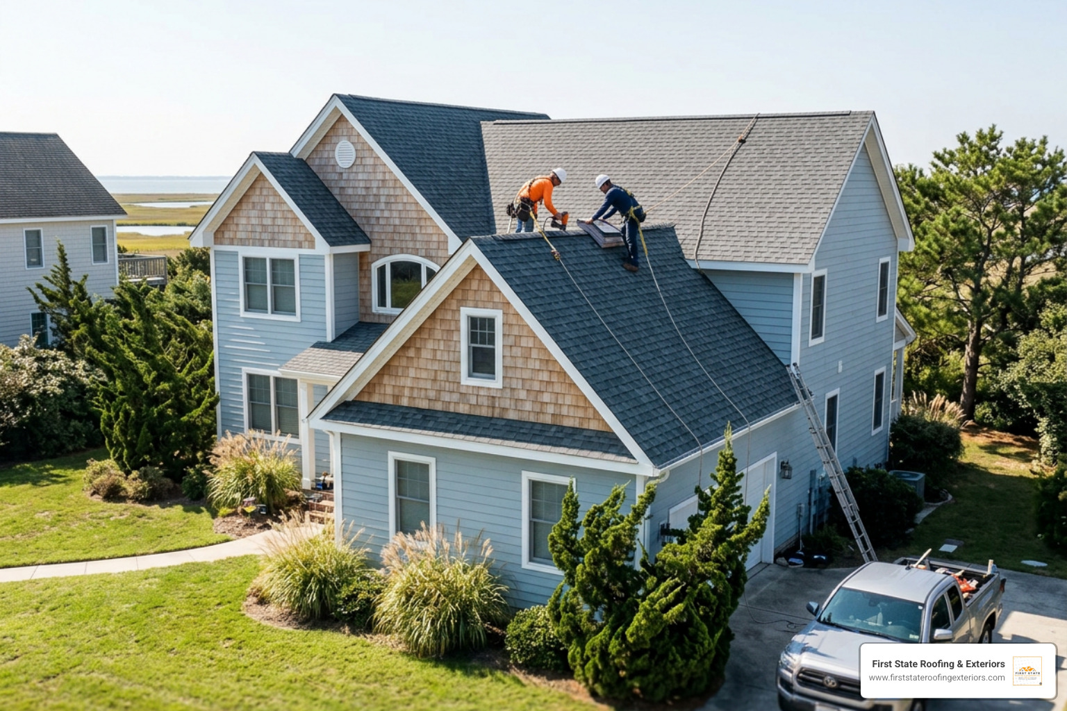 A coastal Delaware home featuring a newly installed wind-resistant architectural shingle roof with professional roofers A coastal Delaware home featuring a newly installed wind-resistant architectural shingle roof with professional roofers