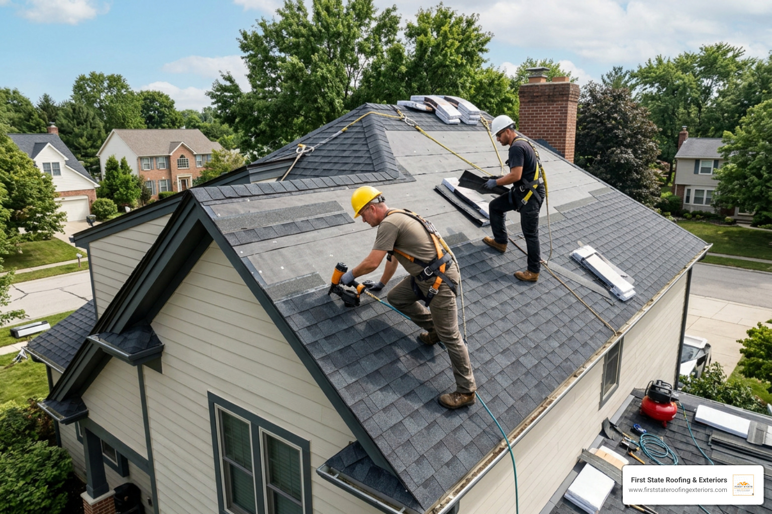 Professional roofers wearing OSHA-compliant safety harnesses installing architectural shingles on a steep-slope residential Professional roofers wearing OSHA-compliant safety harnesses installing architectural shingles on a steep-slope residential