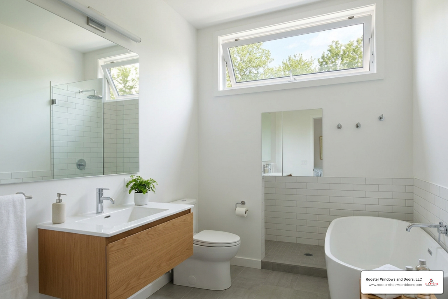 Awning window placed high on a bathroom wall for privacy and natural light Awning window placed high on a bathroom wall for privacy and natural light