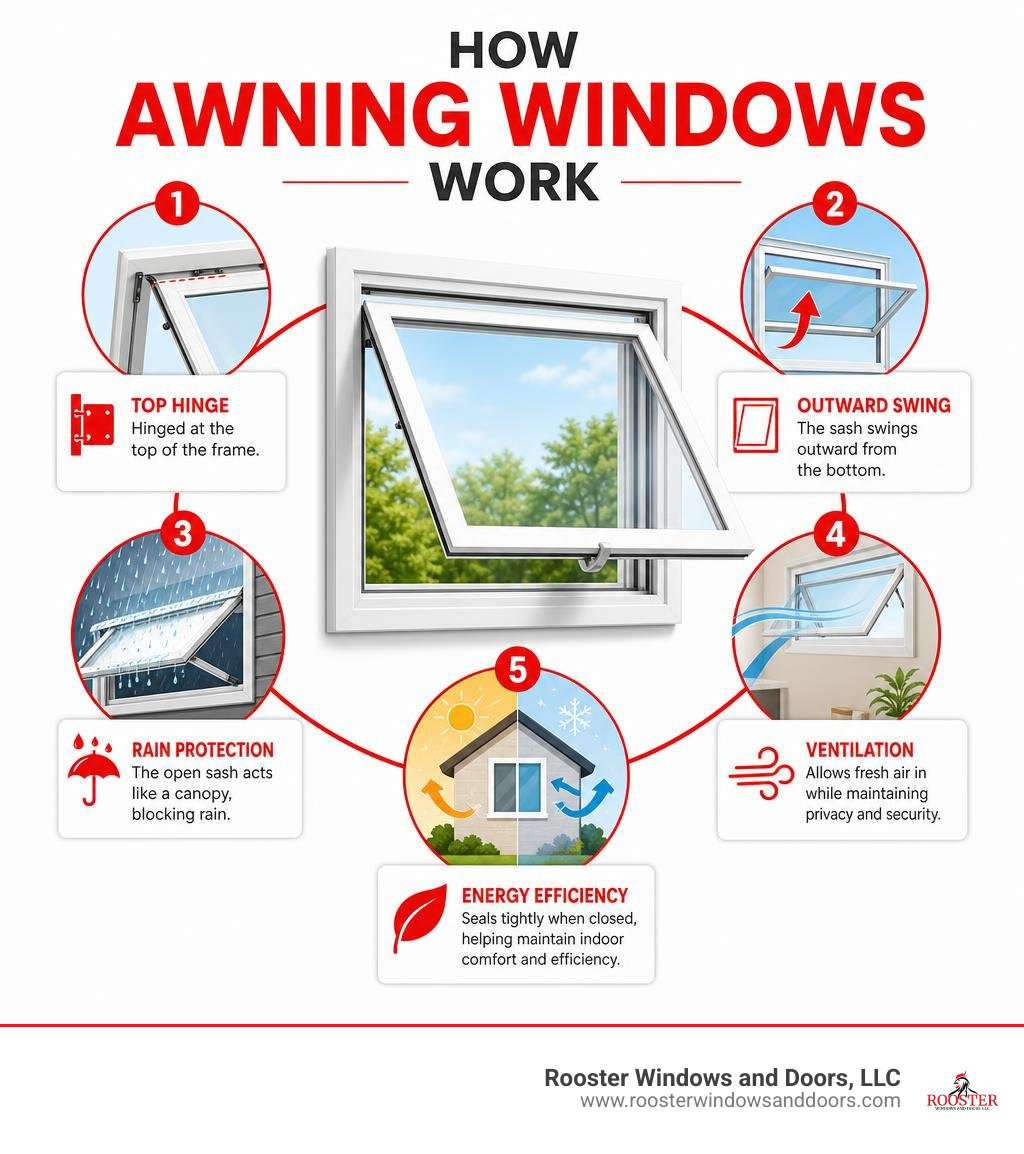 Infographic showing how awning windows work: top hinge, outward swing, rain protection, ventilation, and energy efficiency Infographic showing how awning windows work: top hinge, outward swing, rain protection, ventilation, and energy efficiency