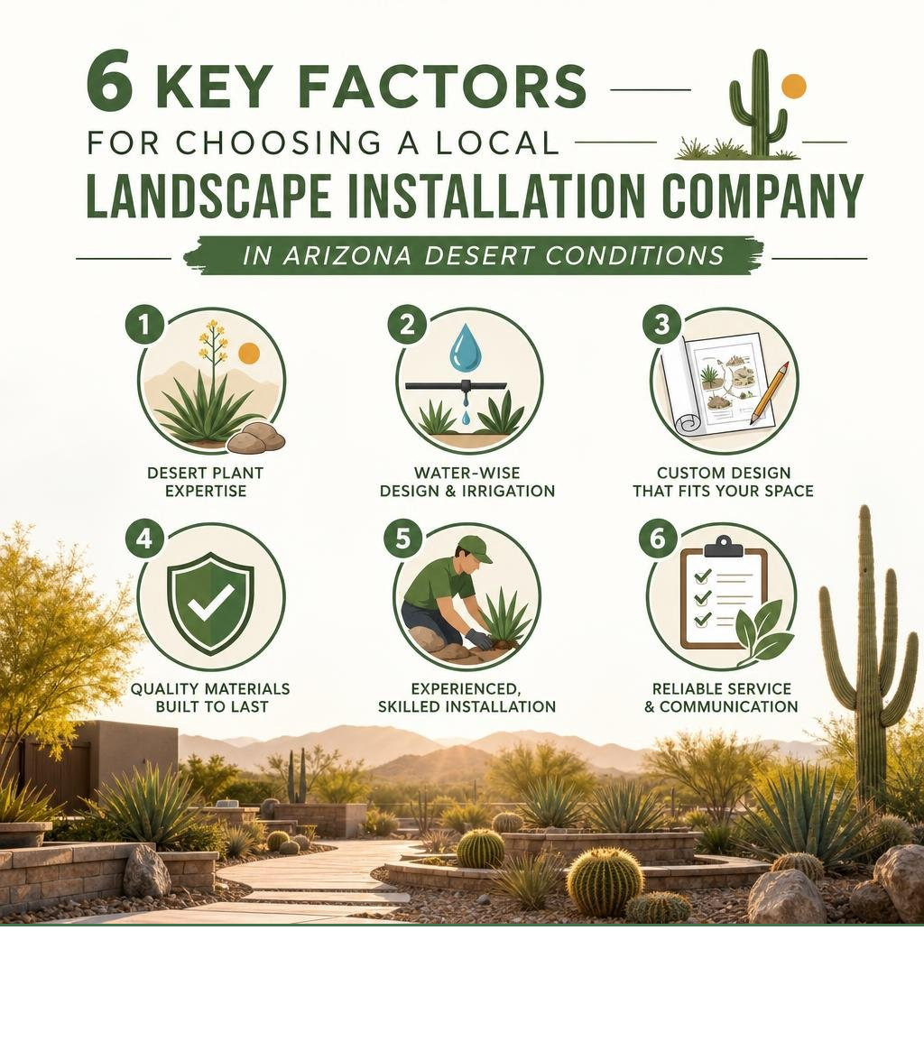 Infographic showing the 6 key factors for choosing a local landscape installation company in Arizona desert conditions Infographic showing the 6 key factors for choosing a local landscape installation company in Arizona desert conditions