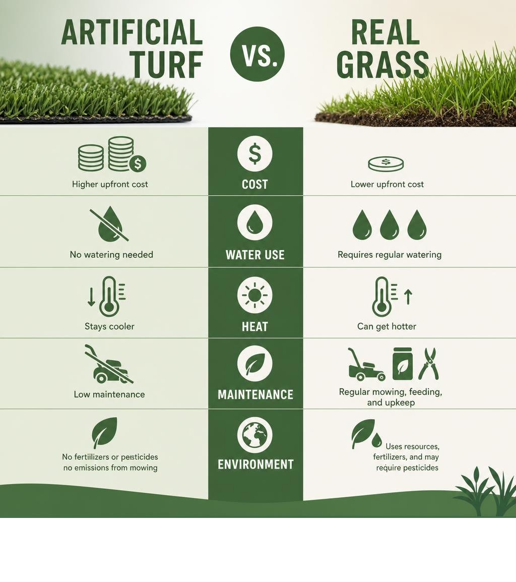 Infographic comparing artificial turf vs real grass across cost, water use, heat, maintenance, and environment infographic Infographic comparing artificial turf vs real grass across cost, water use, heat, maintenance, and environment infographic
