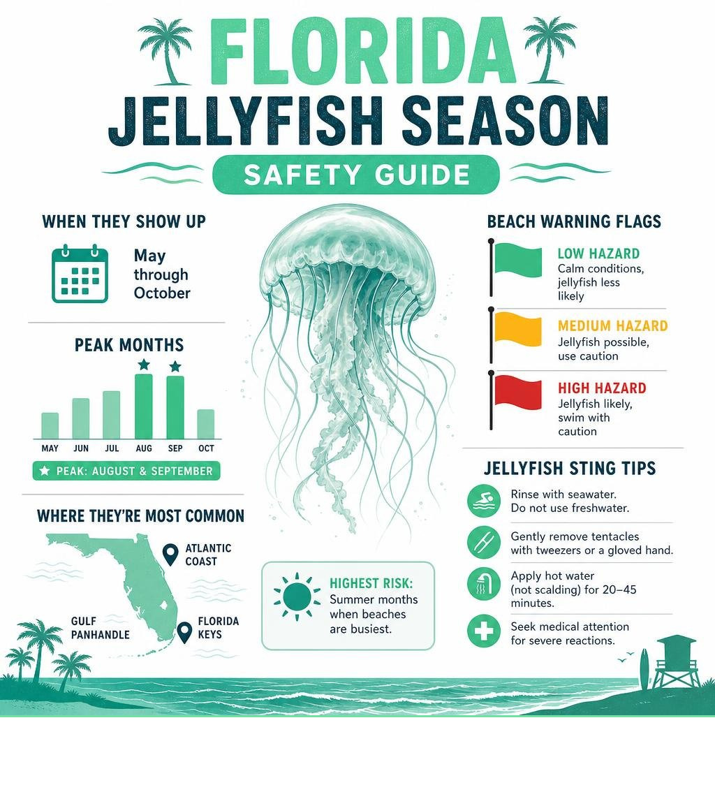 Florida jellyfish season safety guide infographic with peak months, warning flags, and sting tips infographic Florida jellyfish season safety guide infographic with peak months, warning flags, and sting tips infographic