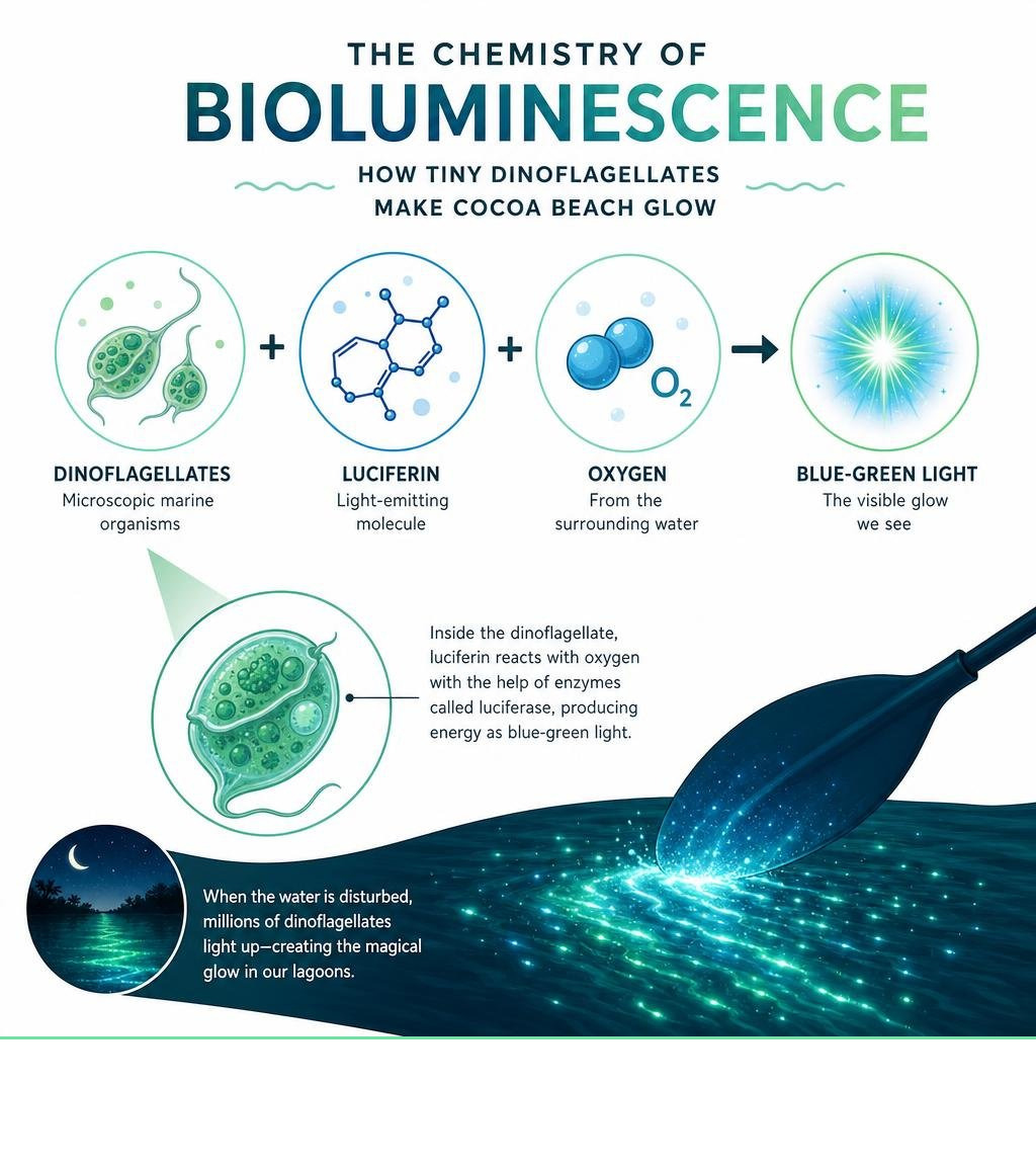 Bioluminescence chemical reaction infographic: dinoflagellates, luciferin, oxygen, blue-green light infographic Bioluminescence chemical reaction infographic: dinoflagellates, luciferin, oxygen, blue-green light infographic