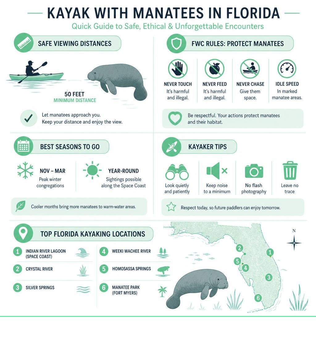 Quick-reference infographic: manatee safe viewing distances, FWC rules, best seasons, and top Florida kayaking locations Quick-reference infographic: manatee safe viewing distances, FWC rules, best seasons, and top Florida kayaking locations