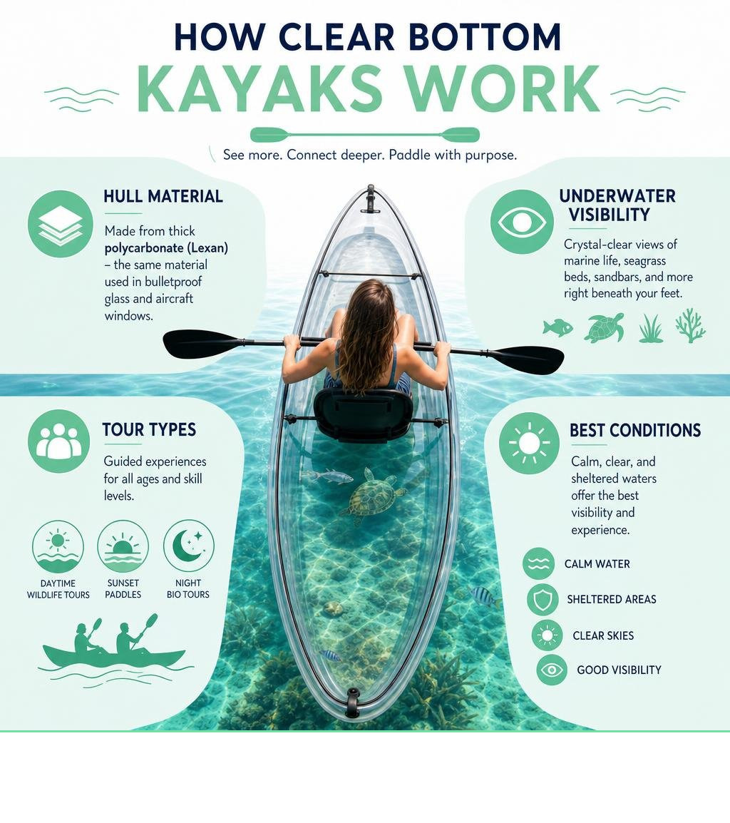 How clear bottom kayaks work: hull material, underwater visibility, tour types, and best conditions infographic How clear bottom kayaks work: hull material, underwater visibility, tour types, and best conditions infographic