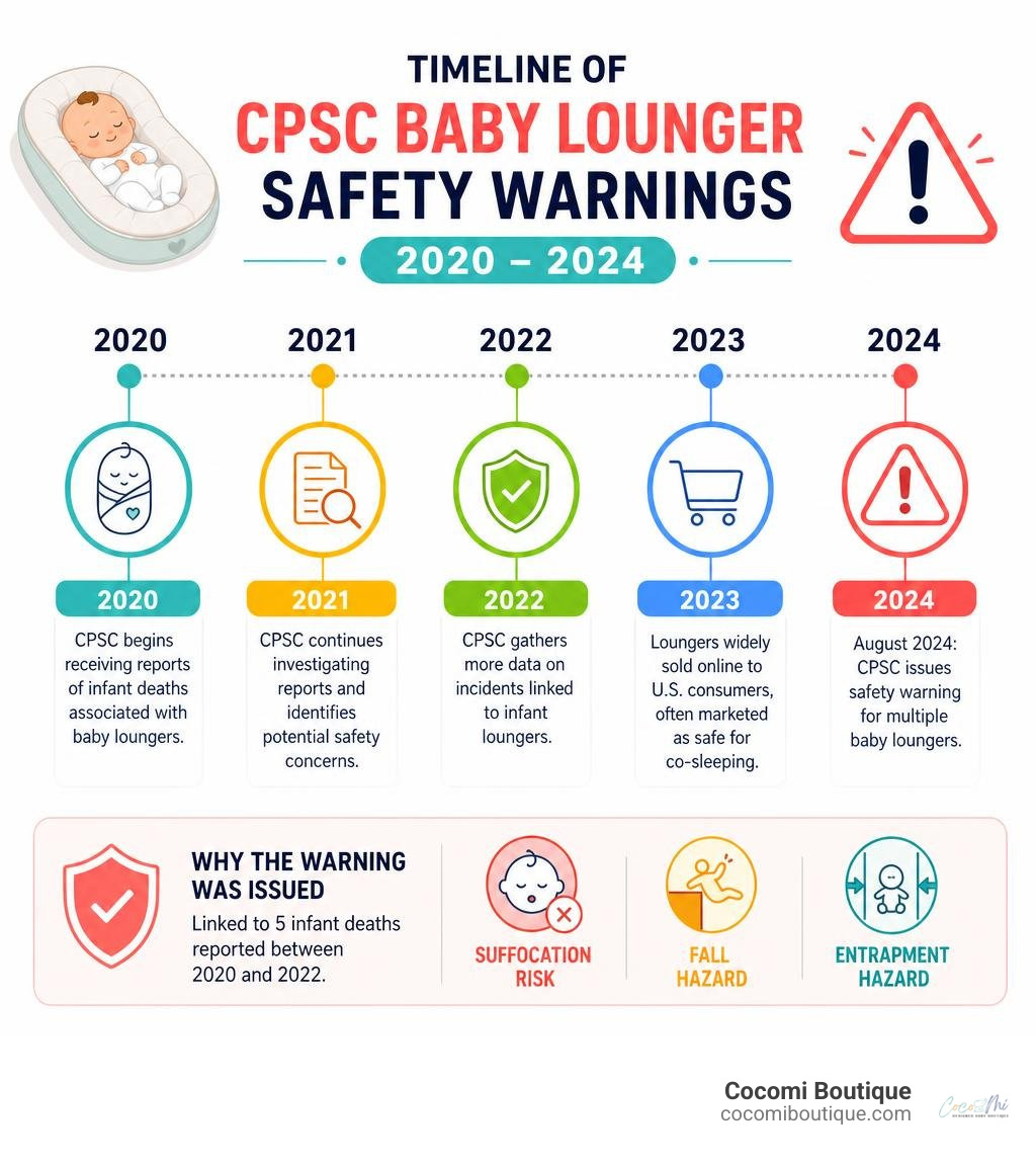 Timeline of CPSC baby lounger safety warnings from 2020 to 2024 infographic infographic