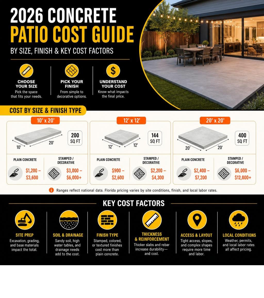 Infographic showing concrete patio cost by size, finish type, and key cost factors infographic
