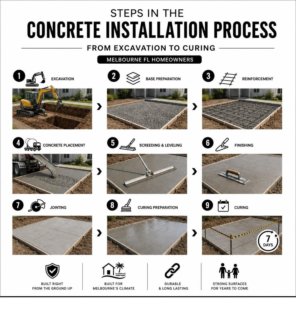 Steps in the concrete installation process from excavation to curing for Melbourne FL homeowners infographic