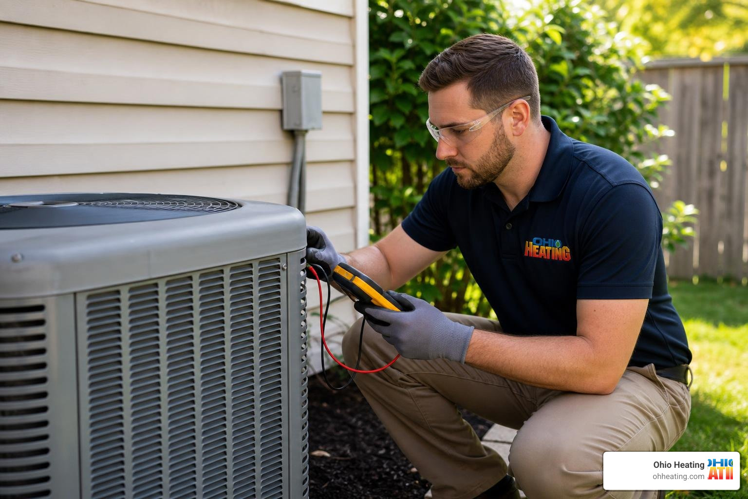 Realistic, high-quality photo of a professional HVAC technician wearing work gloves and a shirt with the 'Ohio Heating'