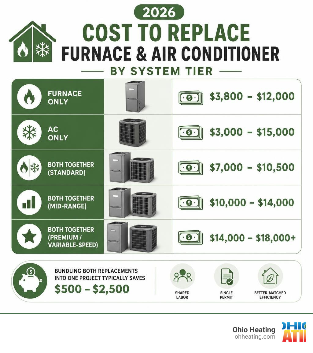 Quick reference infographic: 2026 cost to replace furnace and air conditioner by system tier infographic