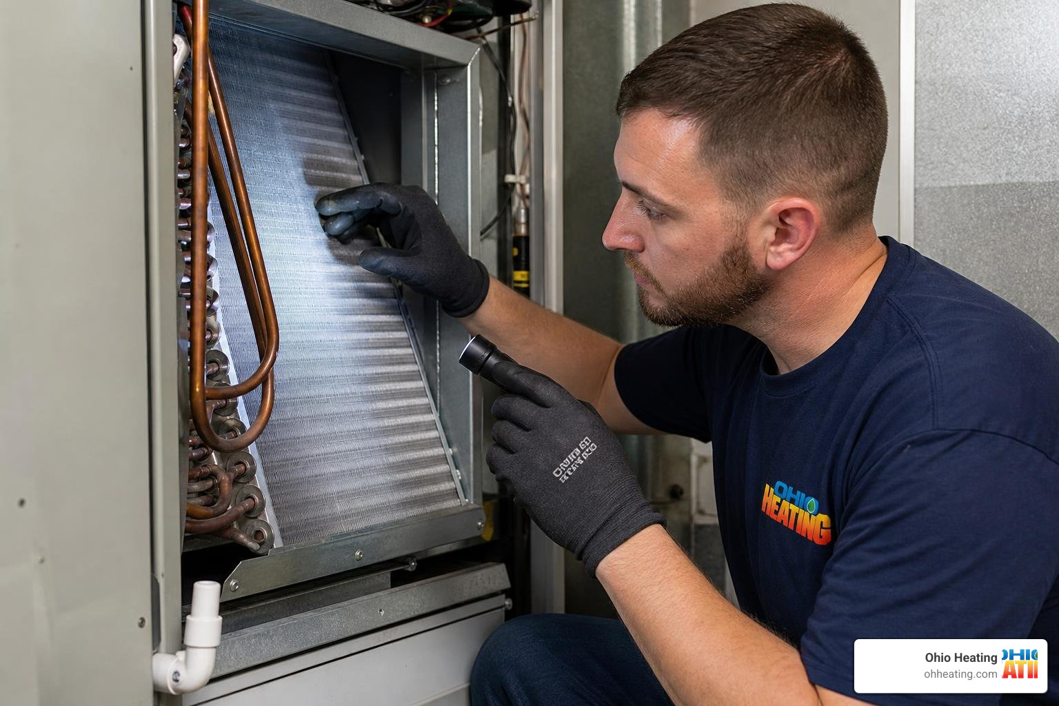 Realistic, high-quality photo of a professional HVAC technician wearing work gloves and a shirt with the 'Ohio Heating'