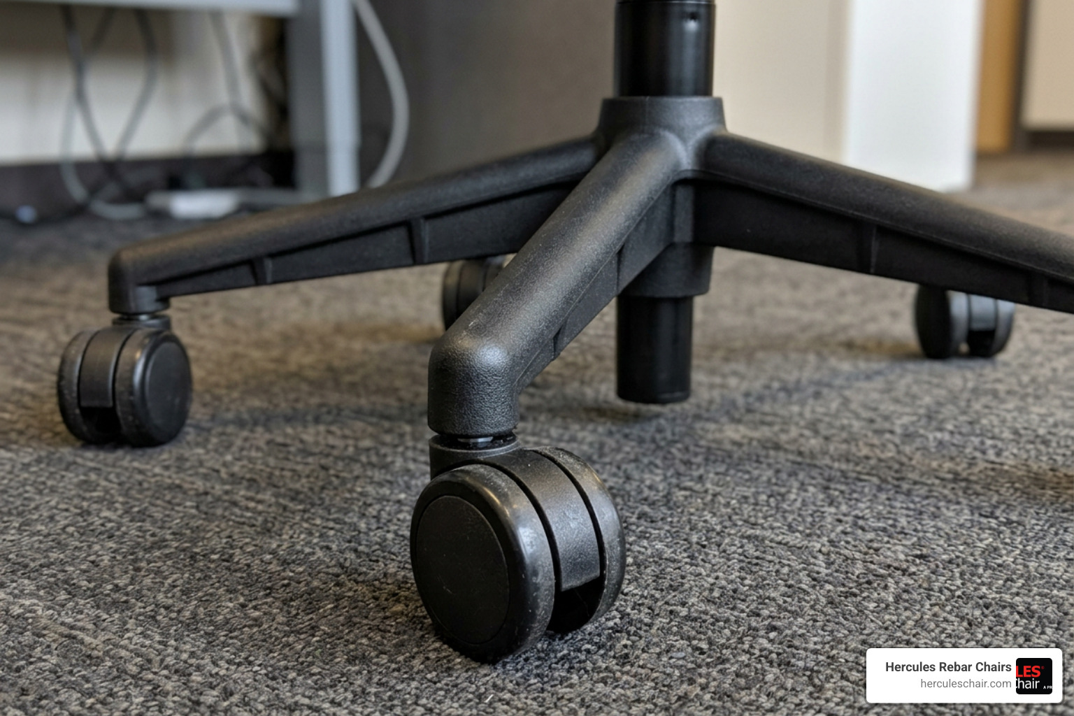 Close-up of a durable, heavy-duty reinforced nylon office chair base with dual-wheel casters Close-up of a durable, heavy-duty reinforced nylon office chair base with dual-wheel casters