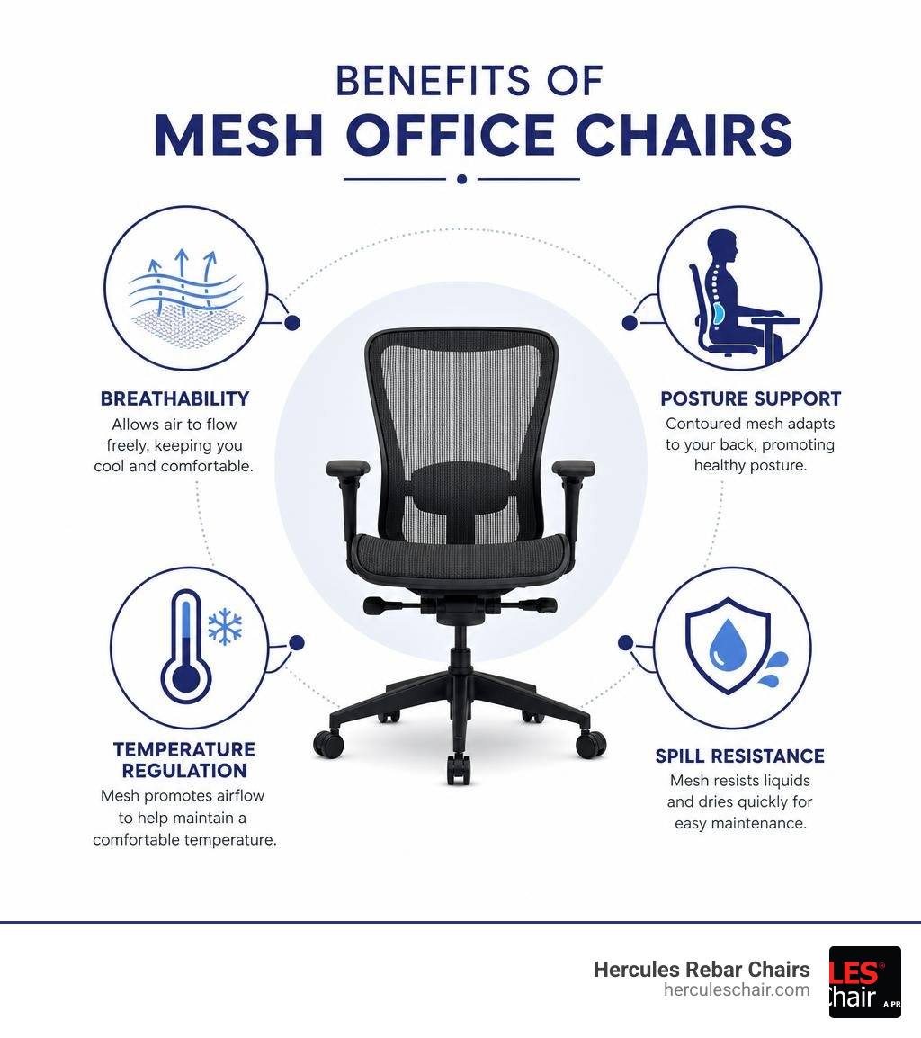 Benefits of mesh office chairs: breathability, posture support, temperature regulation, and spill resistance infographic Benefits of mesh office chairs: breathability, posture support, temperature regulation, and spill resistance infographic