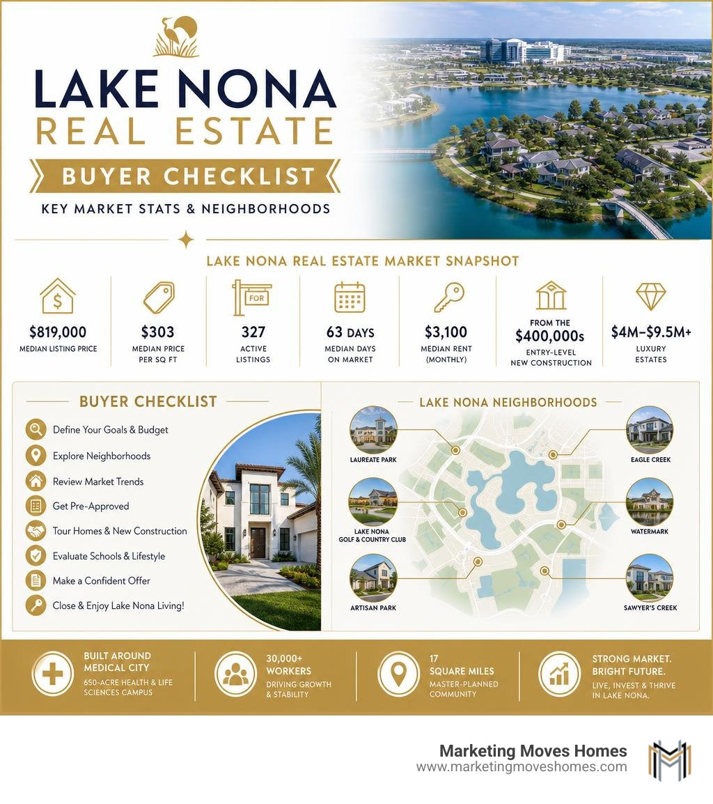 Lake Nona real estate buyer checklist infographic with key market stats and neighborhoods infographic Lake Nona real estate buyer checklist infographic with key market stats and neighborhoods infographic