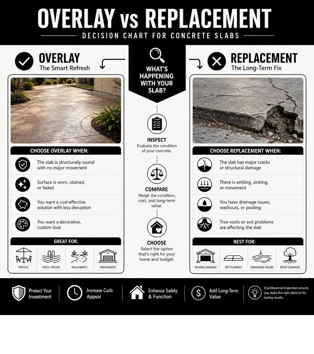 Overlay vs replacement decision chart for concrete slabs infographic Overlay vs replacement decision chart for concrete slabs infographic
