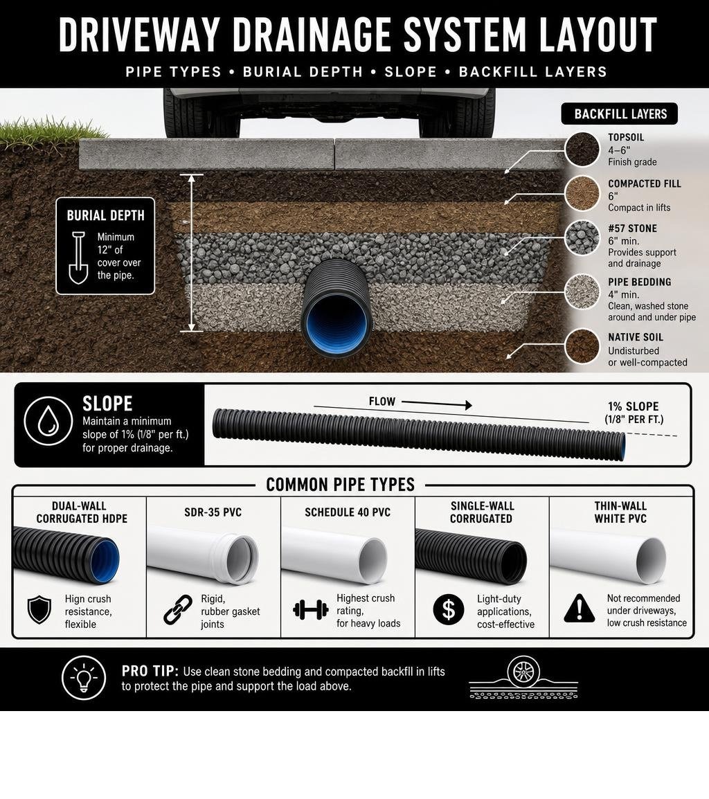 driveway drainage system layout infographic showing pipe types, burial depth, slope, and backfill layers infographic