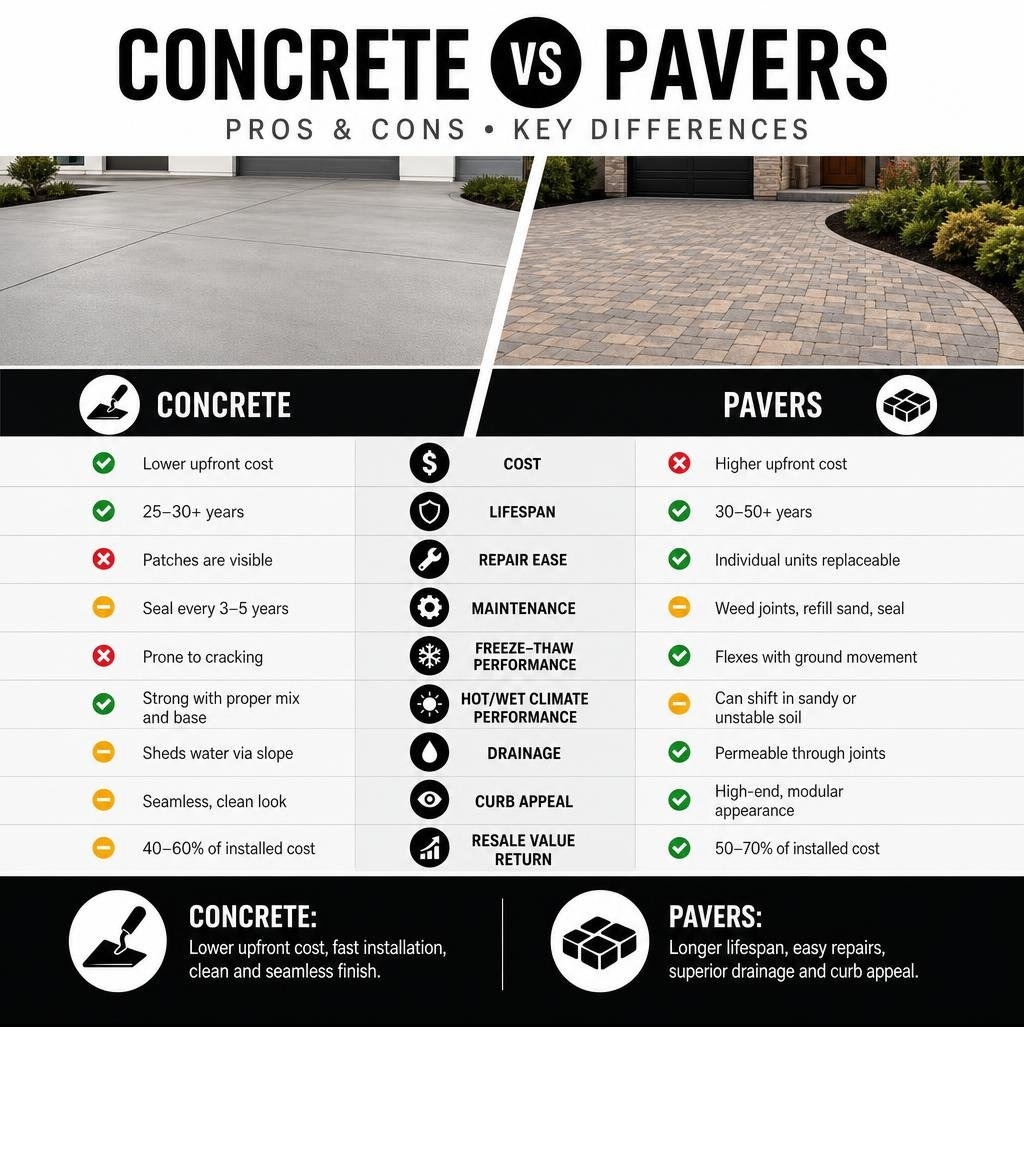 concrete vs pavers pros and cons comparison infographic