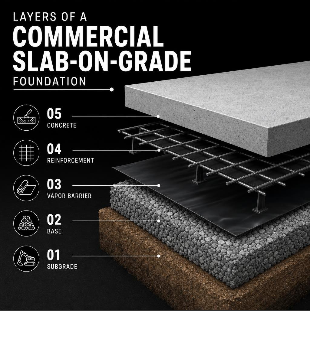 Layers of a commercial slab-on-grade foundation including subgrade, base, vapor barrier, reinforcement, and concrete